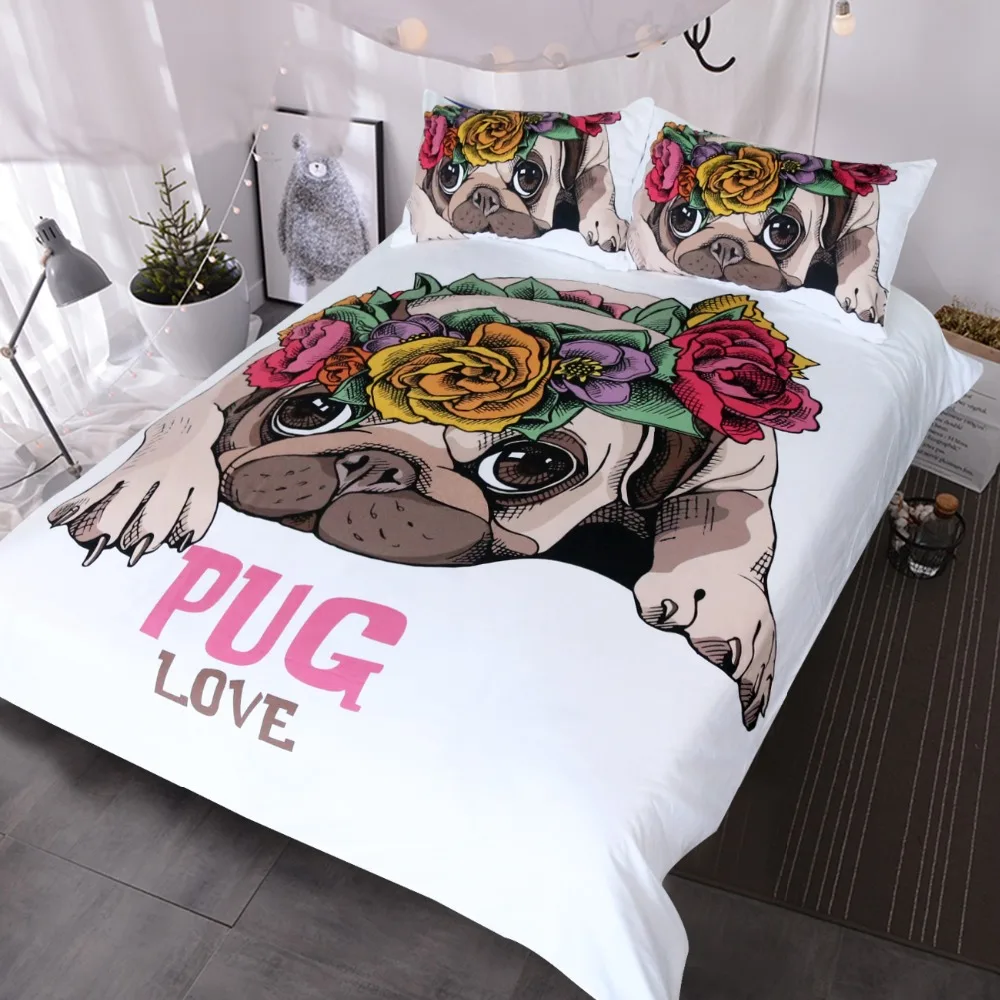 Blessliving Trendy Welpen Bettwäsche Set Liebe Mops Rose Bett Gesetzt Königin Süße Valentinstag Geschenk Kawaii Bettbezug für hund Liebhaber Kaufen