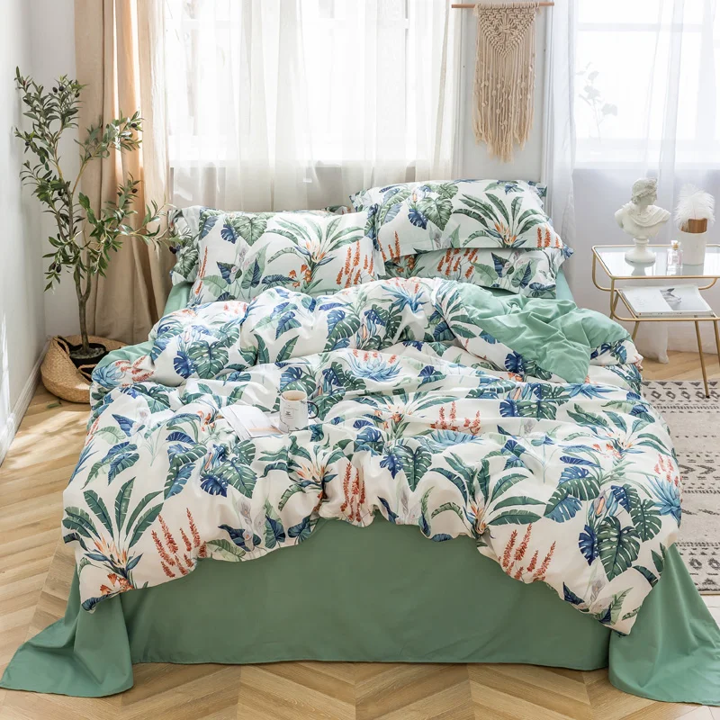 

Pastoral Bedding Set Plat Printed Satin Duvet Cover Sets with Ties Soft Quilt Cover Bed Linen