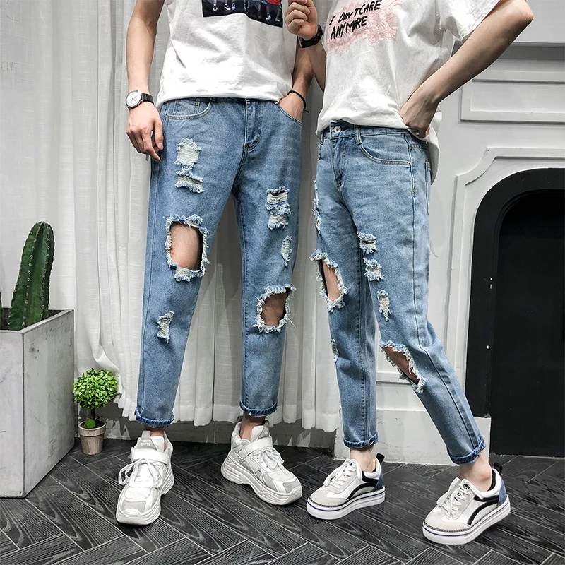 

Summer New Jeans Men Fashion Casual Tear Hole Denim Pants Man Streetwear Trend Wild Hip Hop Loose Trousers Male Clothes