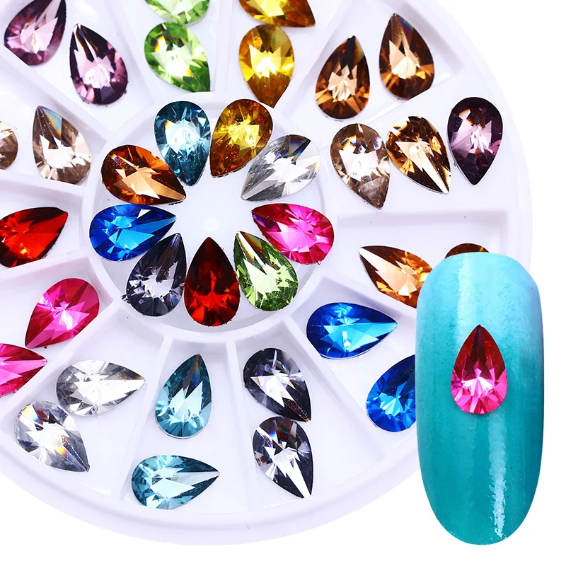 

Water Drop Flat Bottom Nail Rhinestone Colorful Crystal Manicure DIY Tips Nail Art 3D Decoration Accessory in Wheel 1 Box