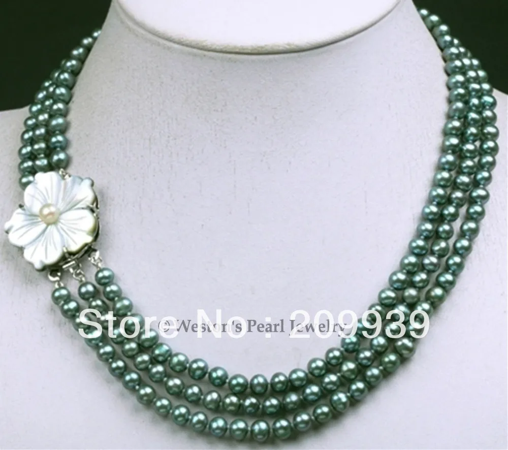 

huij 001887 3 ROWS 5-6MM 17.5" GREEN CULTURED FRESHWATER PEARL CHOKER NECKLACE SHELL CLASP