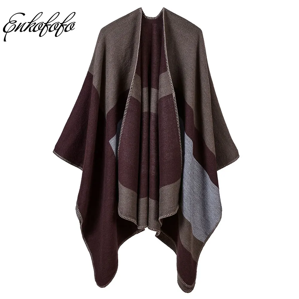 

Oversize Deversible Cloak Women 2018 Winter Geometric Knit Cashmere Poncho Capes Shawl Thick Warm Loose Cardigans Sweater Coat