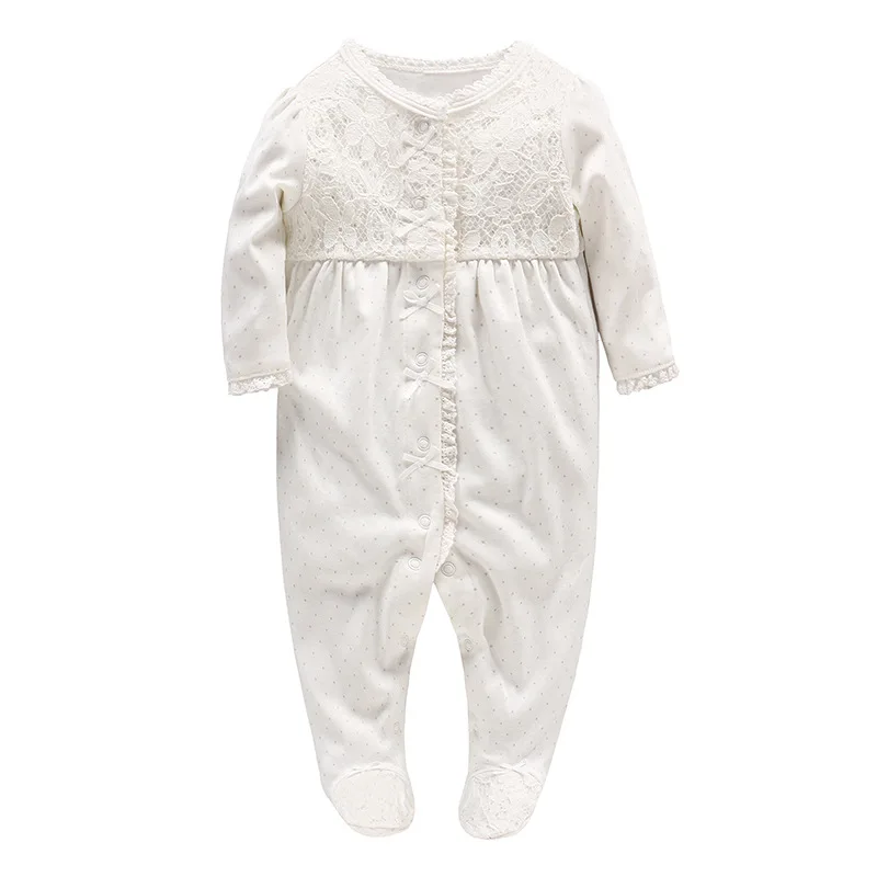 

salePicturesque Childhood 0-3 months clothes unisex Baby White Solid Lace Princess Footies Fan Cotton Long Sleeved