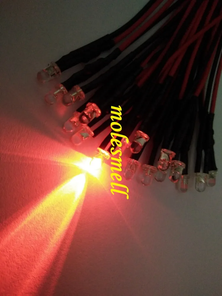 50 pces 3mm 5v vermelho água clara redonda led 5v dc 20cm pré wired led