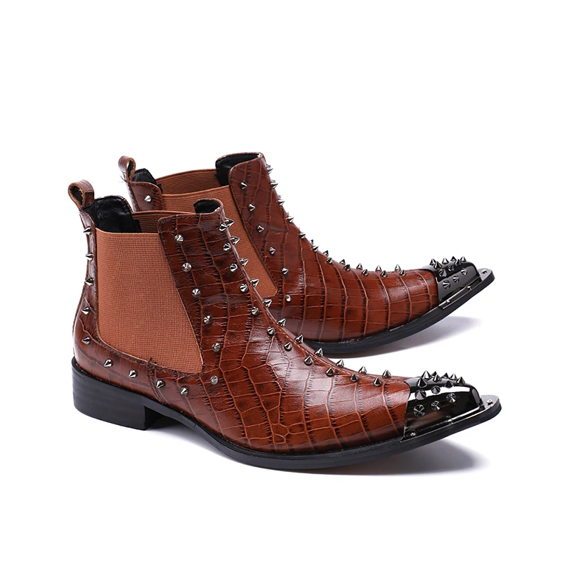 

Rivets Knight Boots Men Western Pointed Metal Toe Leather Short Boot Men Bar Stage Party Boots