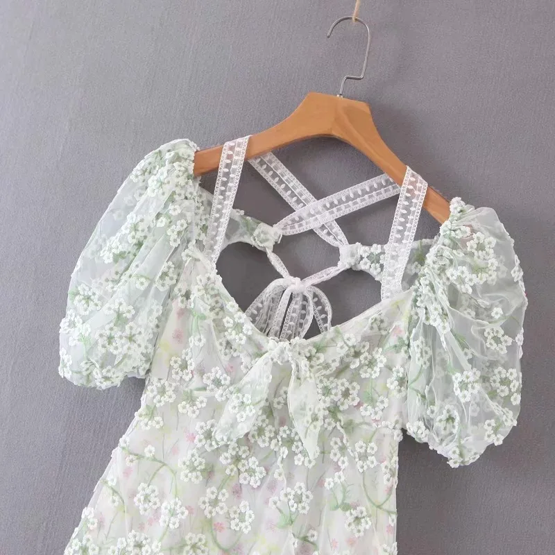 Summer Dress New Embroidered Mesh Stitching Backless Chiffon Dress Female Dress Women Dress