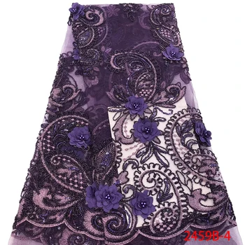 

Nigerian Lace Fabric 3D Lace Fabric With Bead Embroidered 2019 High Quality Purple French Lace Fabrics For Party Dress GD2459B-3