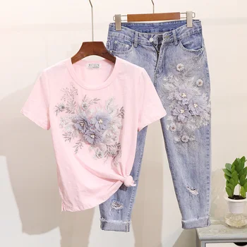 

2020 Spring Summer Women Set Embroidery Beading Flower T shirts Jeans Pants Suit Harajuku Tee Shirt Ladies Casual Two Piece Set