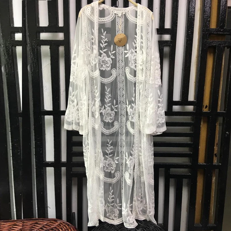 Spicylace Women High Quality Print Flower Lace Cardigan Long Sleeve Beach Open Kimono Cardigan Long Blouses Tops