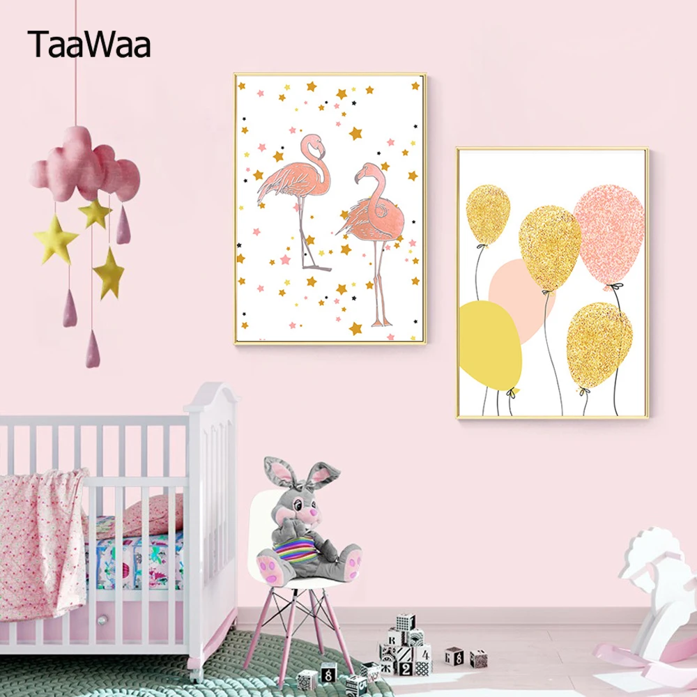 

TAAWAA Balloon Wall Art Canvas Posters Pink Flamingo Abstract Painting Nursery Animal Decorative Picture Kid Room Decoration