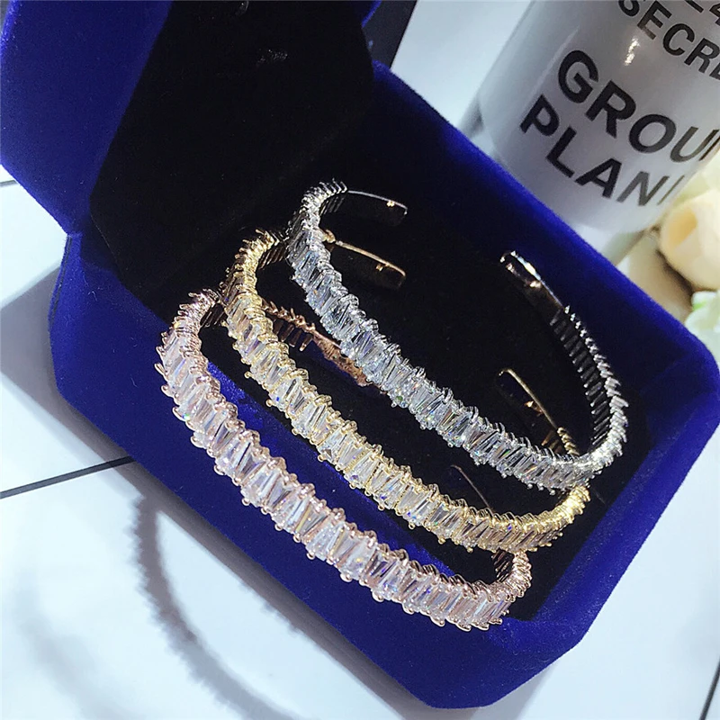

Luxury Normal Cubic Zirconia Baguette Bracelet Bangles Fashion Jewelry Man Women Gold Color Cuff Bracelets Birthday Gifts B-021