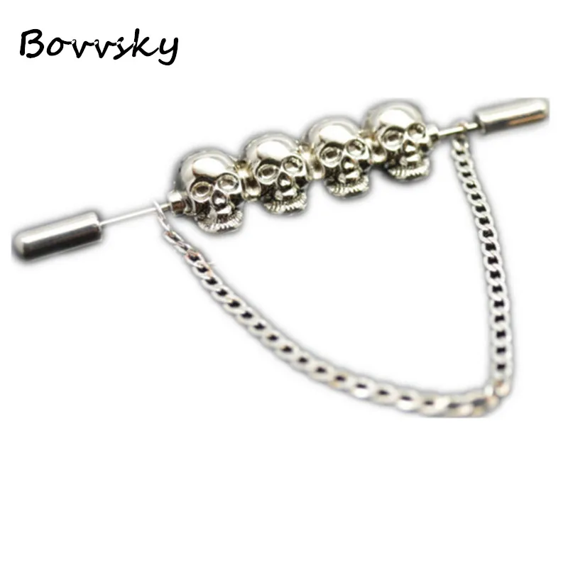 

bovvsky gold Tassel Chain Clip Collar Pin Male Accessories Fashion Collar Pin Mens Skull skeleton Tie Collar Clip Men Brooch