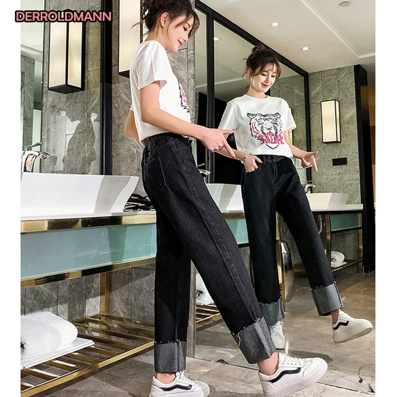 Женские джинсы с высокой талией, прямые брюки, потертые джинсовые манжеты, стрейч джинсы большого размера корейский женские брюки