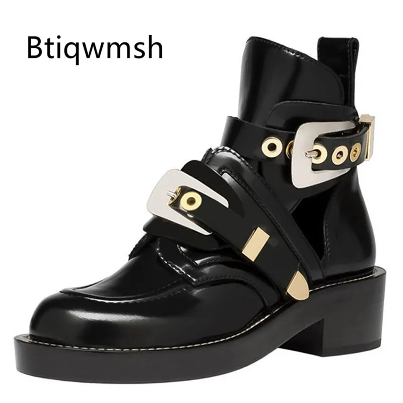 

2019 Punk Style Ankle Boots Women Round Toe Cut Out Metal Rivet Buckle High Heel Boots Woman Cool Motorcycle Boots Summer