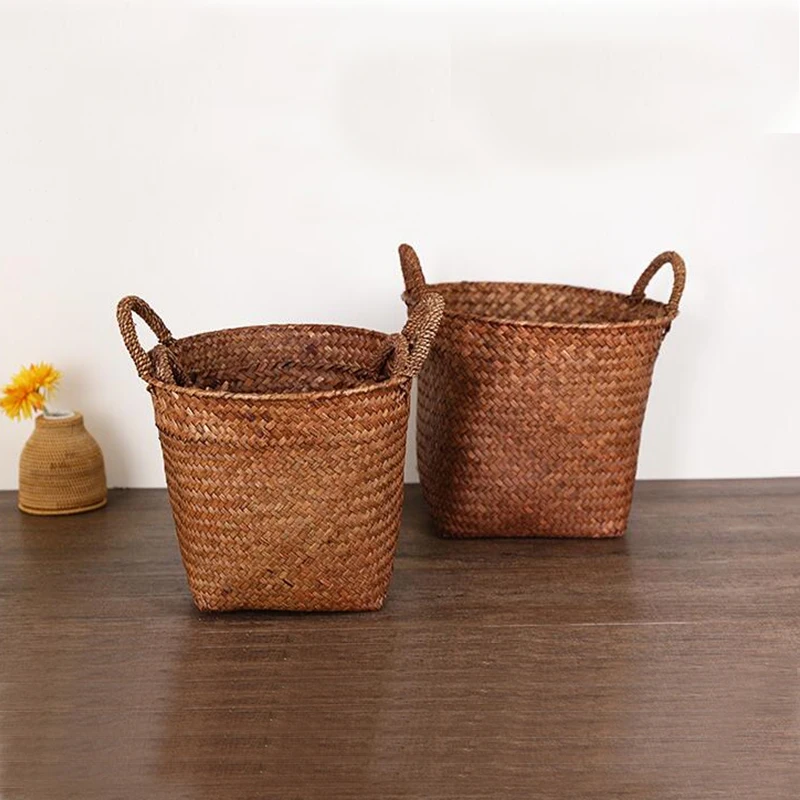 

Handmade Seagrass Storage Box Flower Pot Food Container Straw Patchwork Folk Crafts Laundry Wicker Rattan Garden Plant Organizer