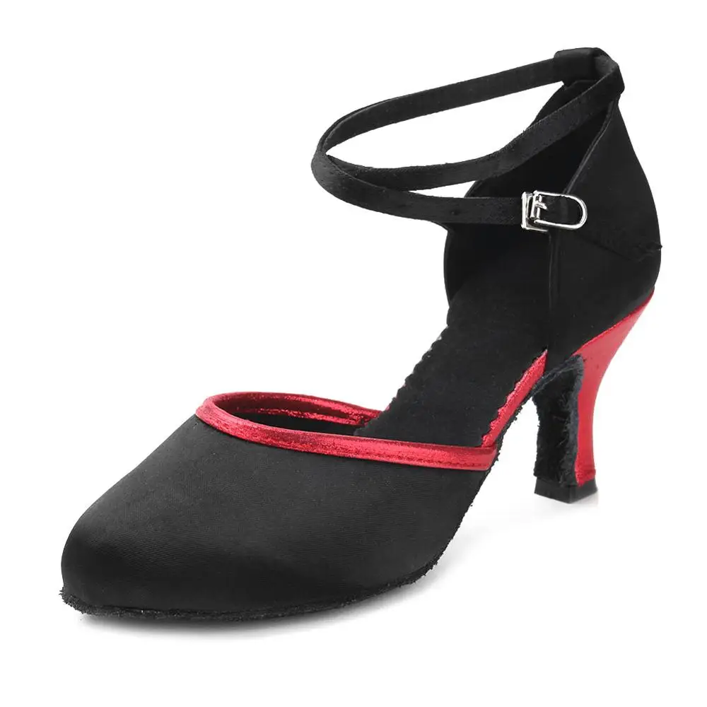 Обувь для латинских танцев для взрослых, для женщин, девочек, детей, для современных танцев, атласная бальная танцевальная обувь на каблуке около 7 см/5 см - Цвет: Black red  5CM