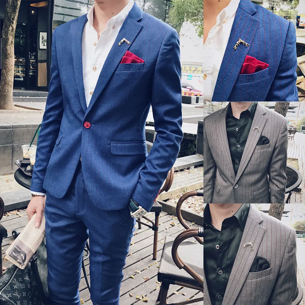 blue suit with grey shoes