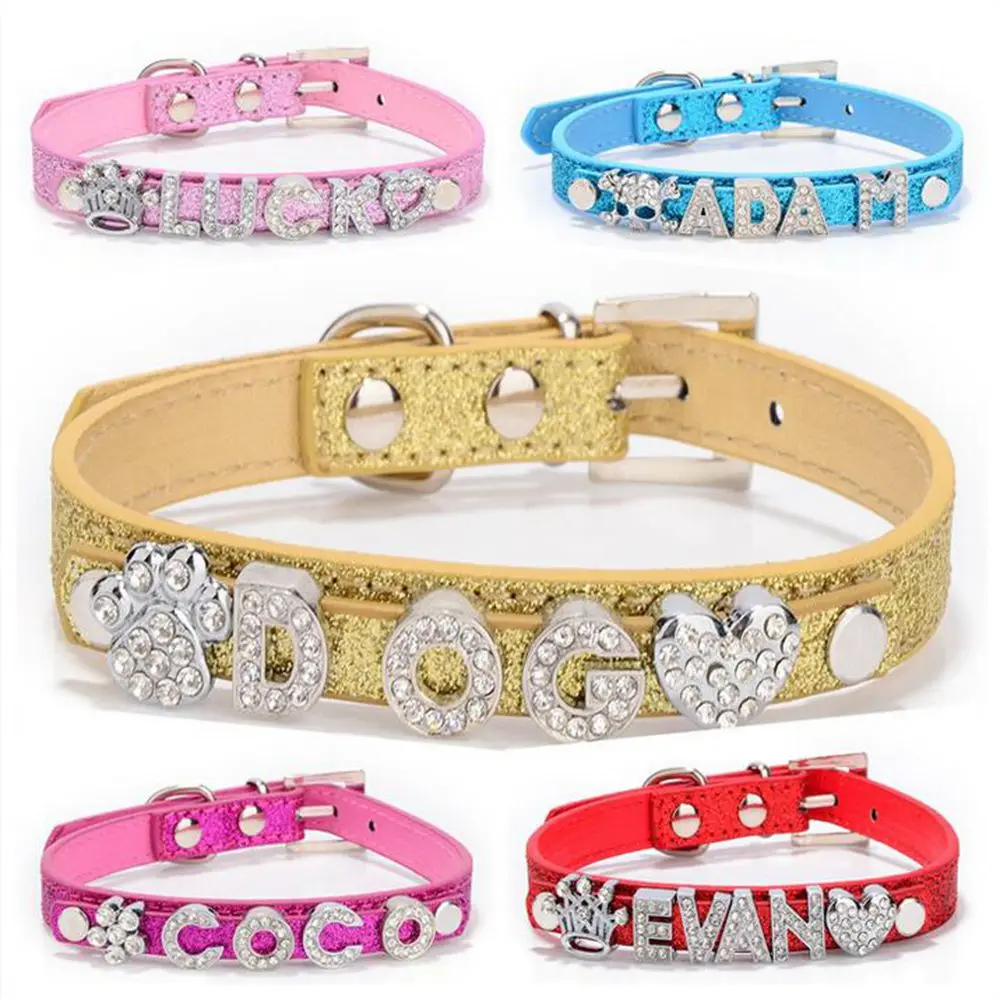 Personalized Rhinestone PU Leather Pet Dog Collars and Lead with Free