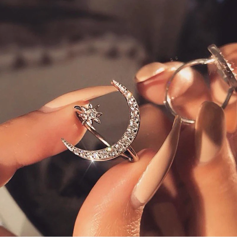 

Rings for Women New Trendy Moon & Star Dazzling Adjustable Ring For Women Girls Party Jewelry Engagement Wedding Rings
