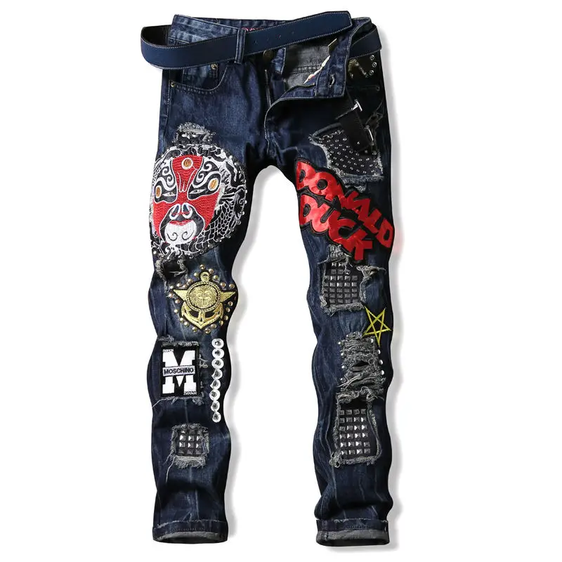 

Men Jeans Ripped Biker Hole Denim robin patch Harem Straight punk rock slim embroidery jeans for men Pants