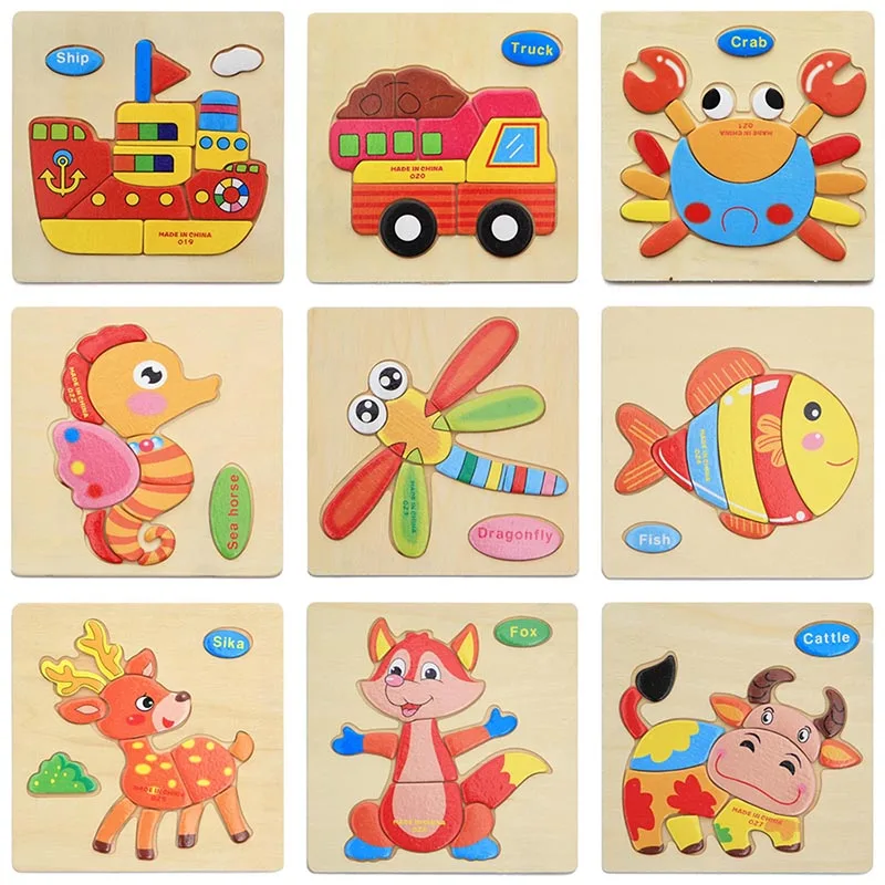 

3D Colorful Wooden Puzzle Quality Cartoon Animal Vehicle Fruit Learn English Word 1 2 3 Years Baby Educational Toys Early Train
