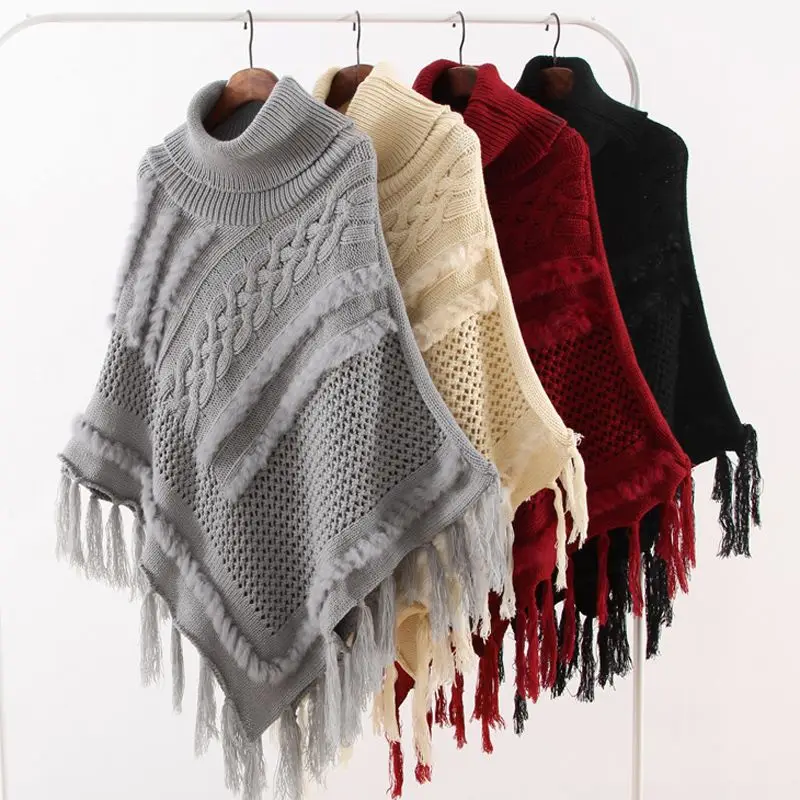 

Fashion Poncho Pashmina scarf High Neck Striped Tasseled Sweater warm Shawl Woman Winter Rabbit hair decoration scarves