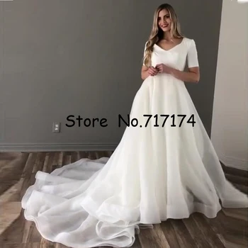 

Elegant Soft Chiffon V-neck Short Sleeves A-line Wedding Dress Sweep Train Zipper Back with A Belt Bridal Dress Vestido de novia