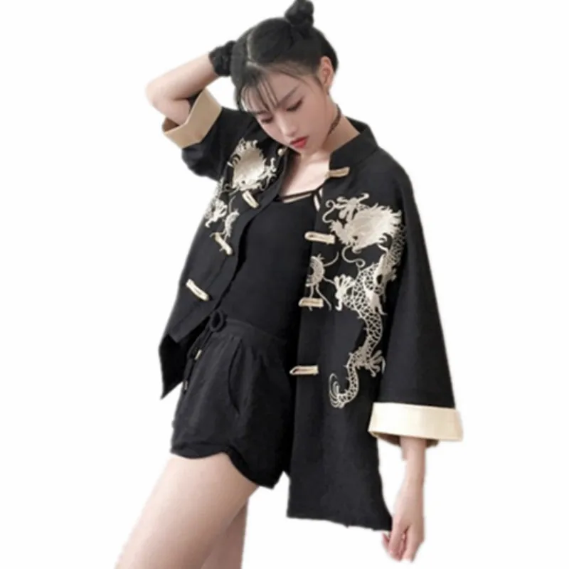 

Retro Chinese style Harajuku Dragon embroidery Jacket Tang suit buckles Coat Satin Bomber Cardigan Long sleeve loose Shirt Tops