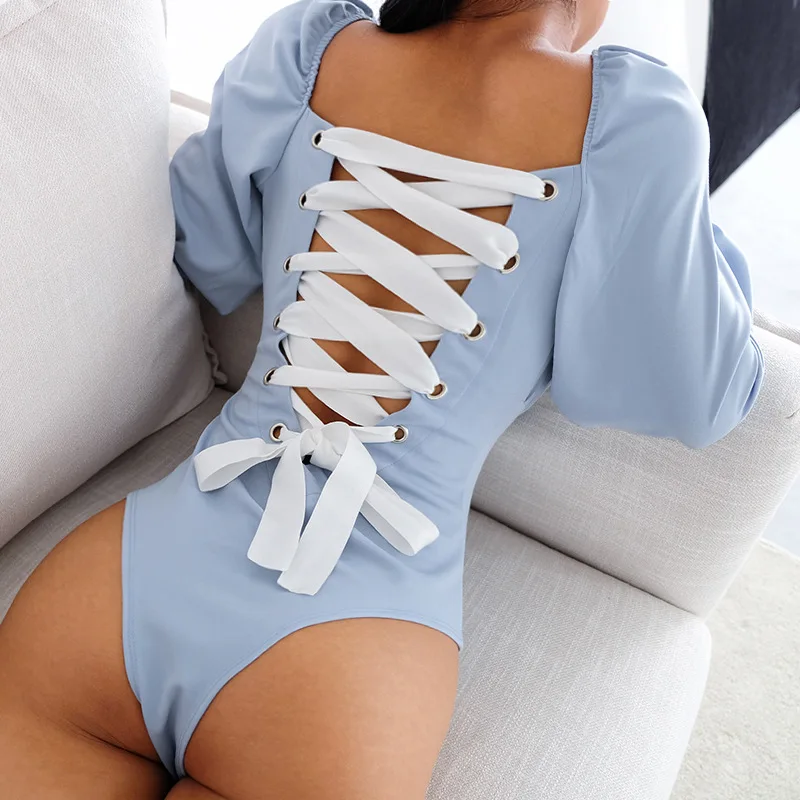 

Sexy Lace Up Bandage Body Ruffles Bodysuit 2019 Spring Fashion Women Puff Sleeve Backless Jumpsuit Bodysuits Romper Women