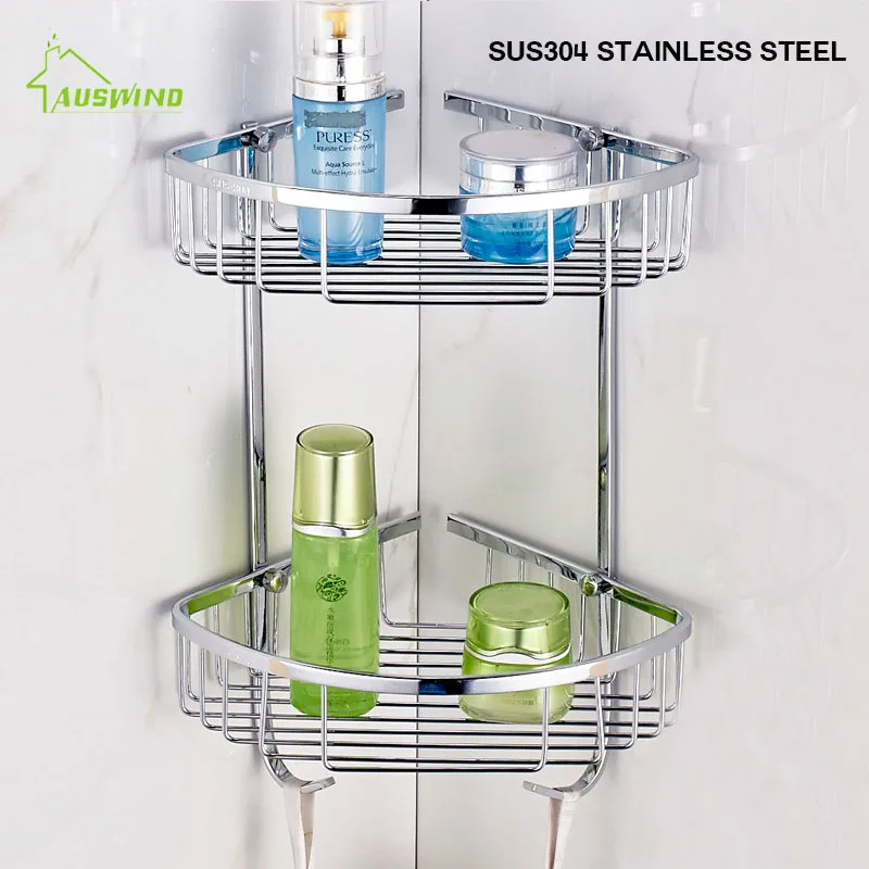 304 stainless steel bathroom accessories double tripod toilet corner rack wall-mounted cosmetic rack storage basket