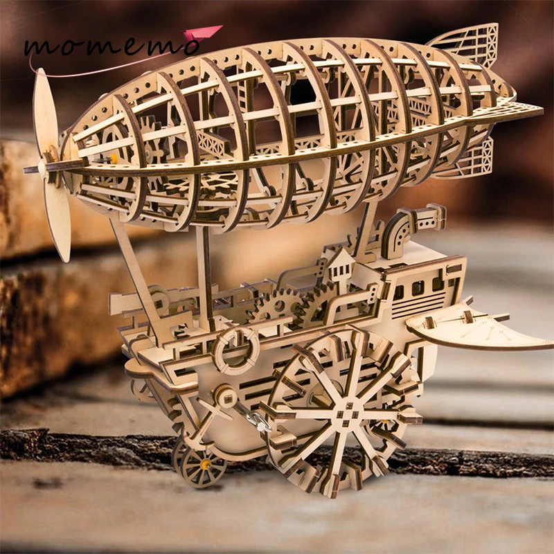 

MOMEMO Airship Model 3D Wooden Puzzle DIY Gear Drive Wooden Model Building Kits Clockwork Moveable Assembly Toy for kids Adult