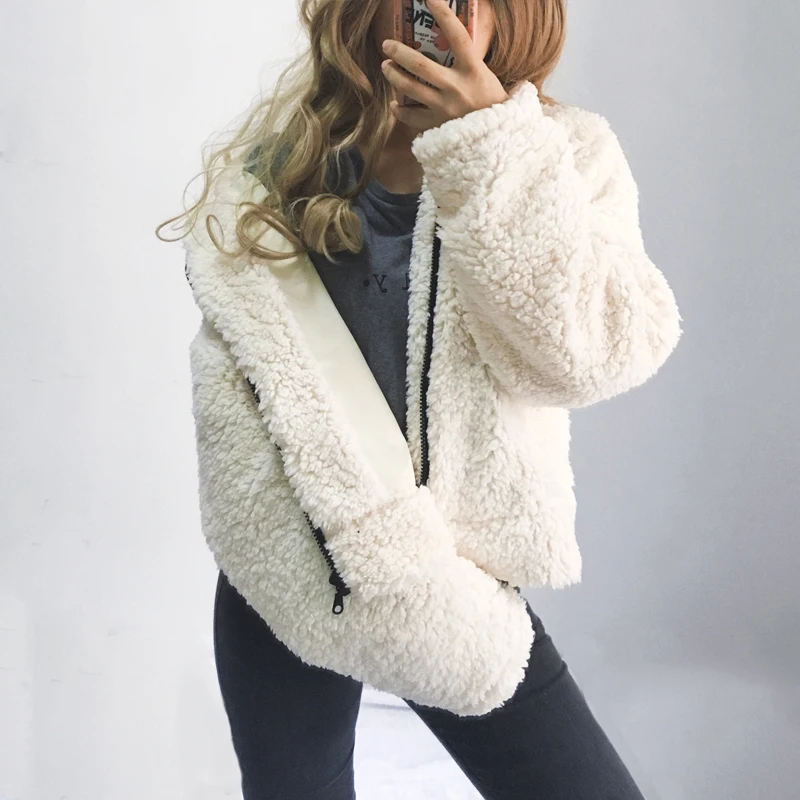

Autumn short Jacket Women Coat 2018 winter female Faux lambswool Big size Women Loose Lapel basic jackets Womens jacket coat