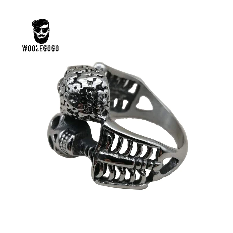 Woolegogo Retro Titanium Steel Cooked Black Polished Skull Ring Punk Personalized Carving Men's Rings Decoration Accessories