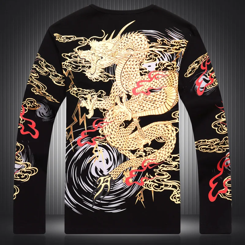 Творческий китайский дракон с принтом Модные Роскошные Длинные рукава футболка осень качество бутик Хлопковая Футболка мужская M-XXXXL