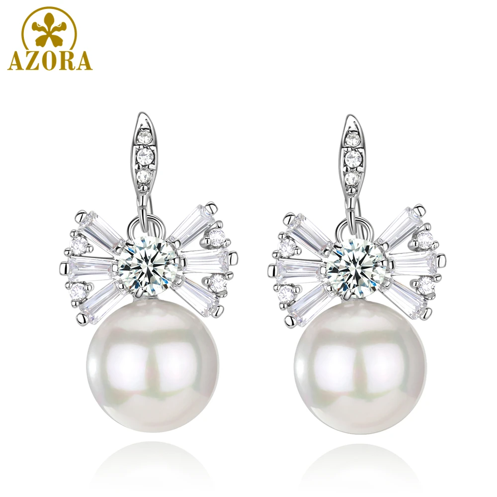 AZORA Light Ivory Pearl Drop Vintage Bridal Bowknot Earrings with White Gold Color Round Cut Clear Cubic Zirconia TE0336
