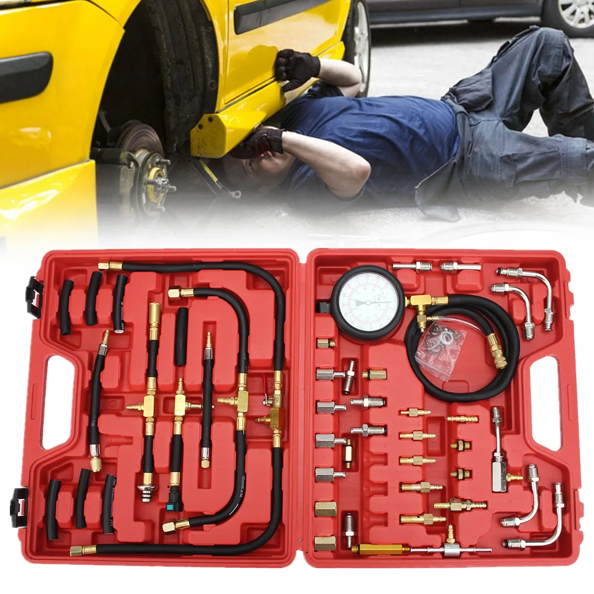 

Fuel Injection Pump Pressure Injector 140psi Tester Test Pressure Gauge Kit Case Universal 32 Adapters 3-way-valve Vehicle