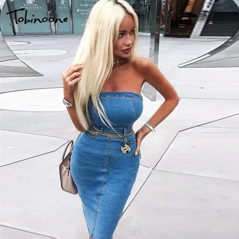 

Tobinoone Off shoulder sexy mini jeans dress Women bodycon denim dress summer Feme elegant party nightclub dress vestidos
