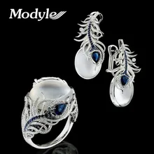 Модный элегантный свадебный ювелирный набор, винтажный белый лунный камень, серебряные кольца с перьями/серьги для женщин, подарок Brincos Anillos