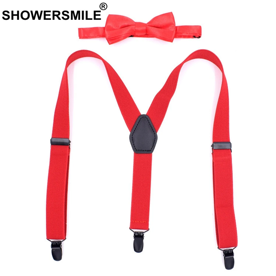 

SHOWERSMILE Kids Suspenders Bow Tie Sets Red Boys Girls Braces Children Pants Strap Clips Y Back Bowtie Suspender Set 65cm