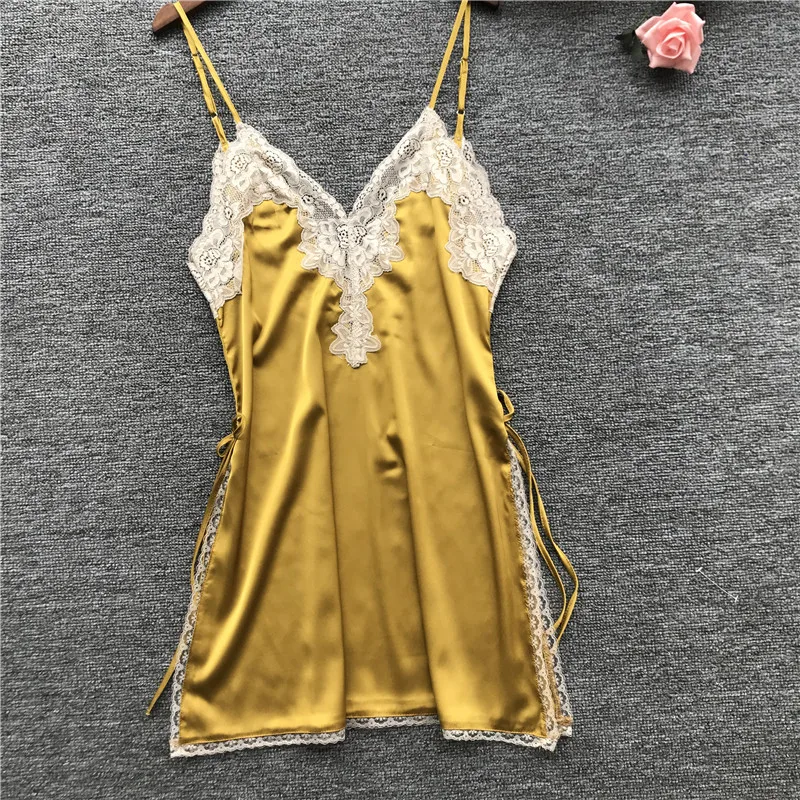 

Sexy Lingeries Women Silk Nightgown Lace Trim High Split Night Dress Summer Mini Dress Sleepwear Nighty Home Clothes