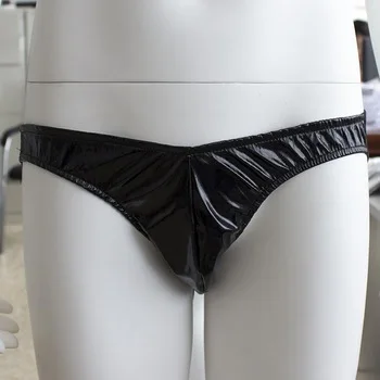 Mens Sissy Transformation Sexy G-String with Wet Look Leather Front and Sheer Lace Back Thong Fetish Underwear Lingerie