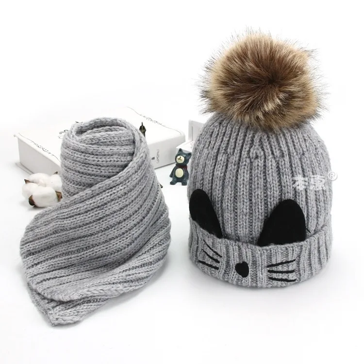 Cartoon cat hairball beanies sets velvet wool kids Child Knitted fur hats winter fur inside 2 pcs baby girl scarf hat set