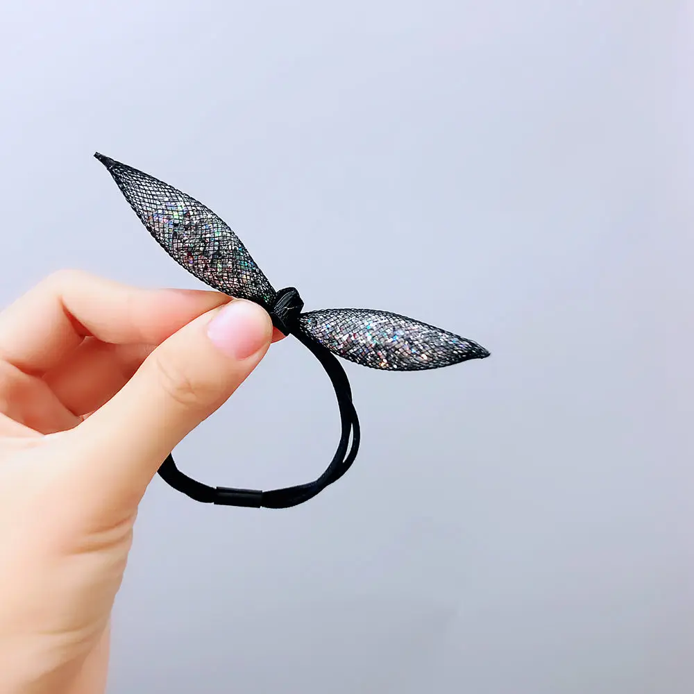 Fashion Simple Cute Elastic Hair Bands Rhinestone Colorful Rabbit Ear Hair Ring Rubber Head Rope Headwear Headdress Accessories