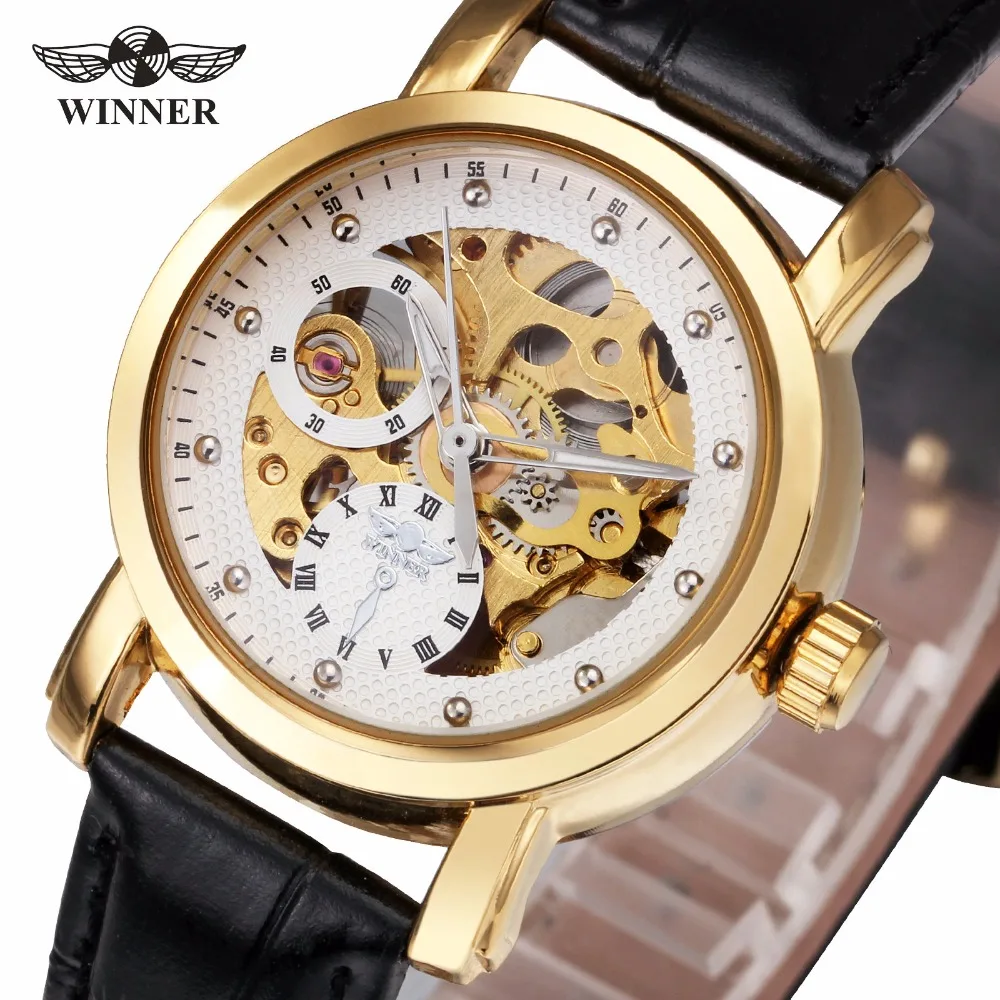 WINNER Women Automatic Mechanical Watch Black Leather Band Hollowed
