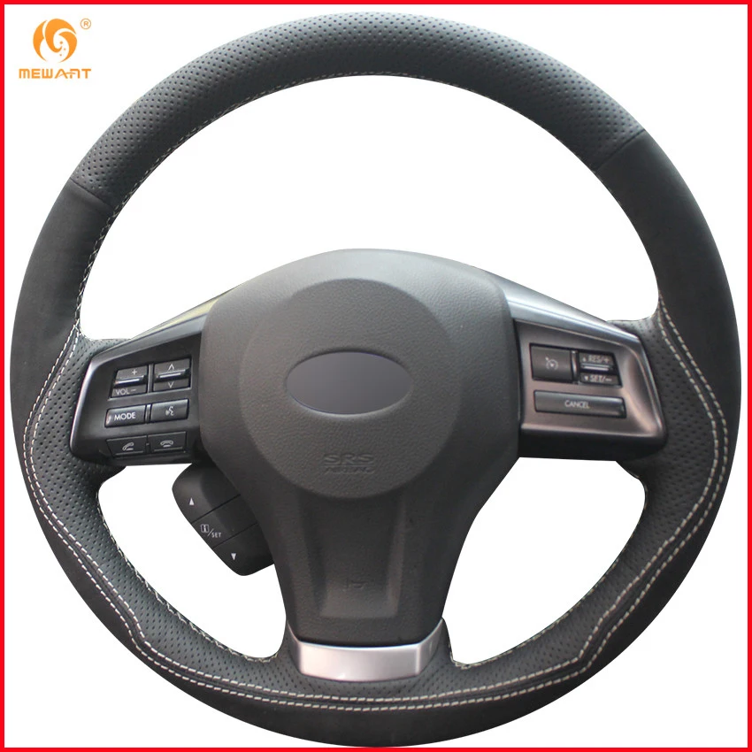 MEWANT Black Genuine Leather Black Suede Steering Wheel Cover for