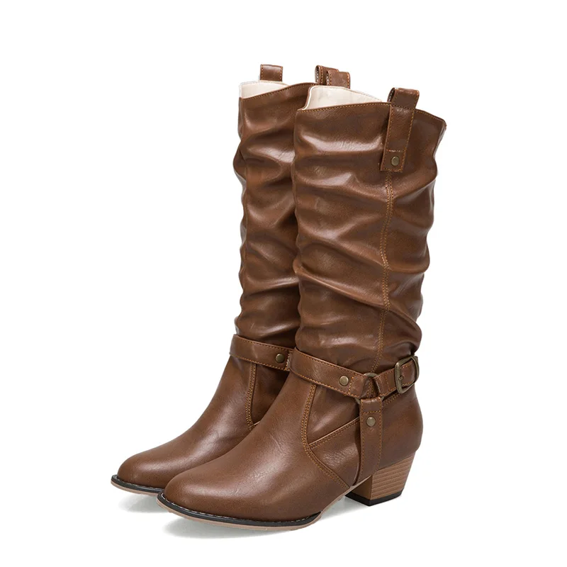 Ковбойские сапоги для женщин; длинные ковбойские сапоги до середины икры для верховой езды в стиле вестерн; классические ботинки в богемном стиле в винтажном стиле; ботинки на массивном каблуке - Цвет: Brown