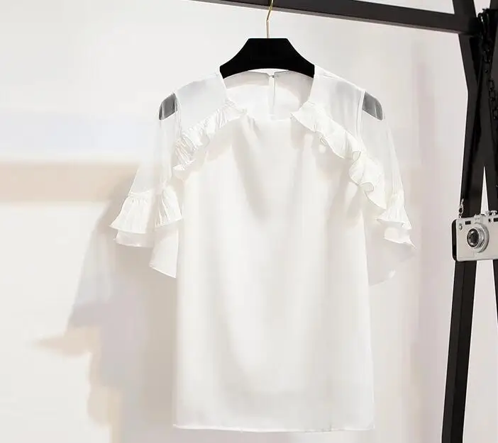 JOYINPARTY Sheer Insert Frill Trim Blouse 2018 New Fashion White Round Neck Short Sleeve Women Top Summer Casual | Женская одежда