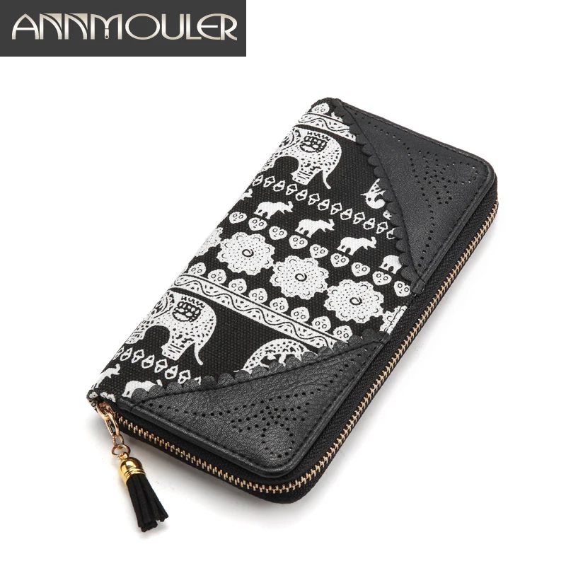

Annmouler High Quality Women Wallet Canvas Hollow Out Card Holders Lace Flower Card Holders Elephant Print Tassel Clutch Bags