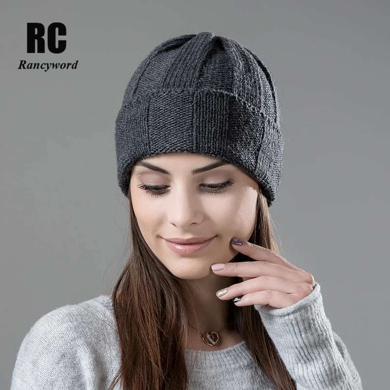 [Rancyword] Casual Real Fur Wool Winter Women's Hat Knitted Cashmere Beanie Hats for Girls Winter Hats Beanies New RC2037