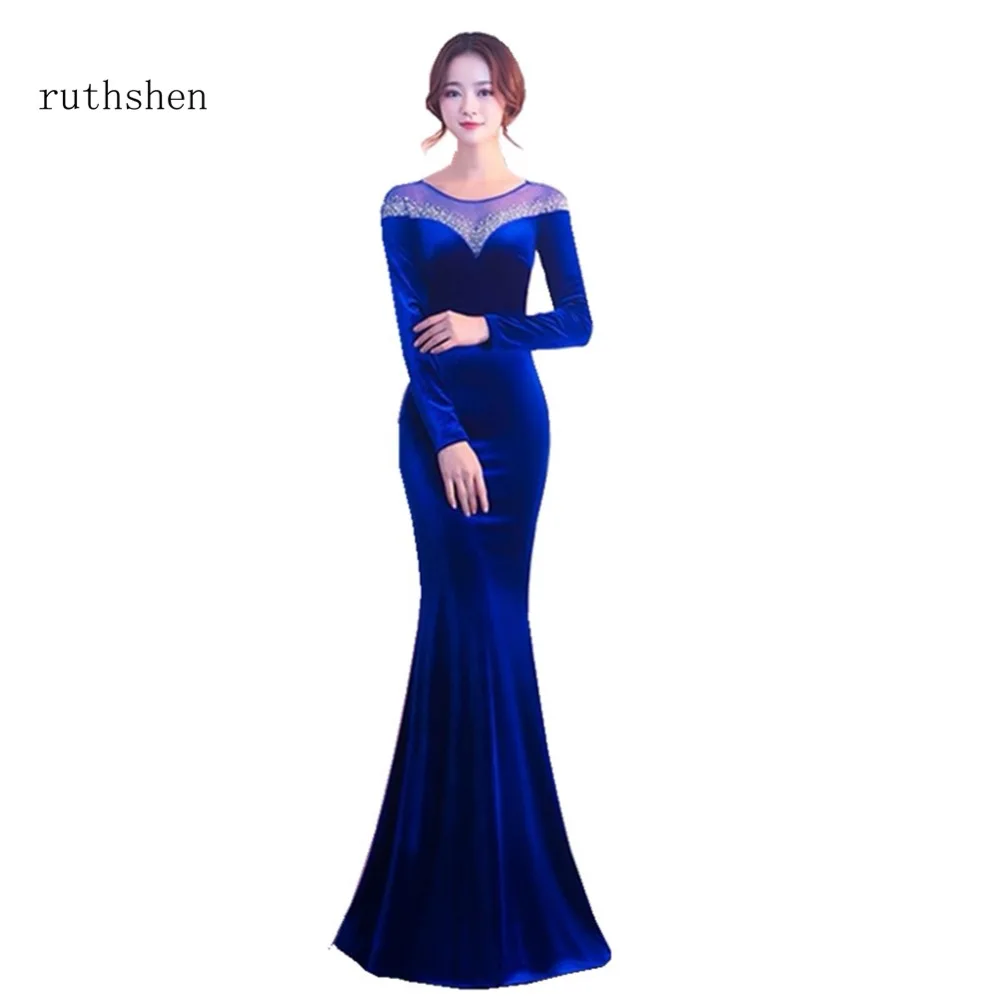

ruthshen 2018 Long Floor Length Prom Dresses Full Sleeves Beaded Evening Gowns Luxury Elegant Formal Scoop Neck Party Dresses
